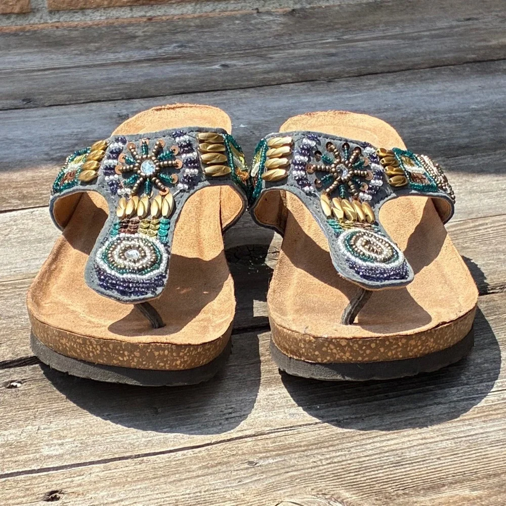 White Mountain Bluebell Beaded Wedge Sandals Womens 9 Boho Cork Footbed Flip